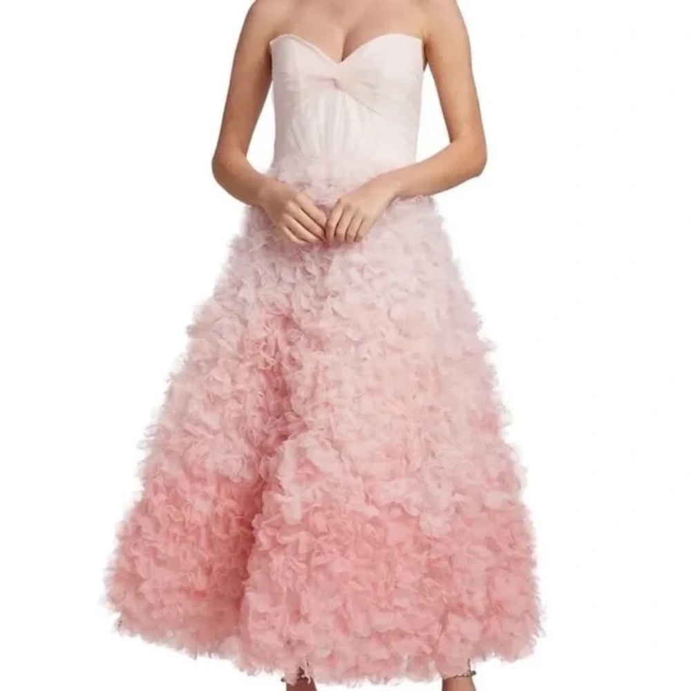 MARCHESA NOTTE Strapless Ombre Tulle Midi Dress Pink Floral